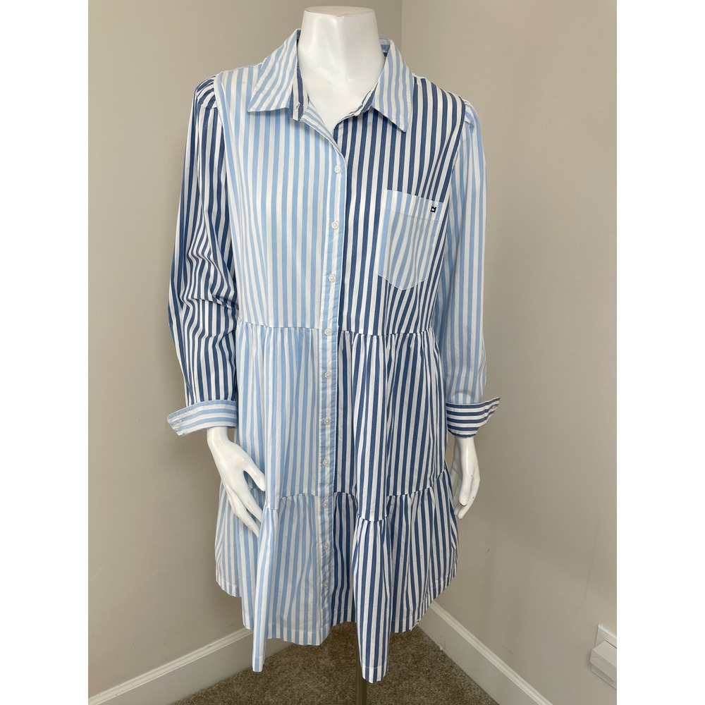 Crown & Ivy Womens XL Blue White Striped Tiered Button Front Shirt Dress Pockets